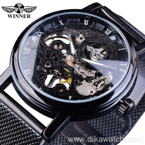 Top Brand Winner Thin Case Full Golden Watch Openwork Clock Mesh Band Men's Mechanical Watches Luminous Hands Relogio Masculino